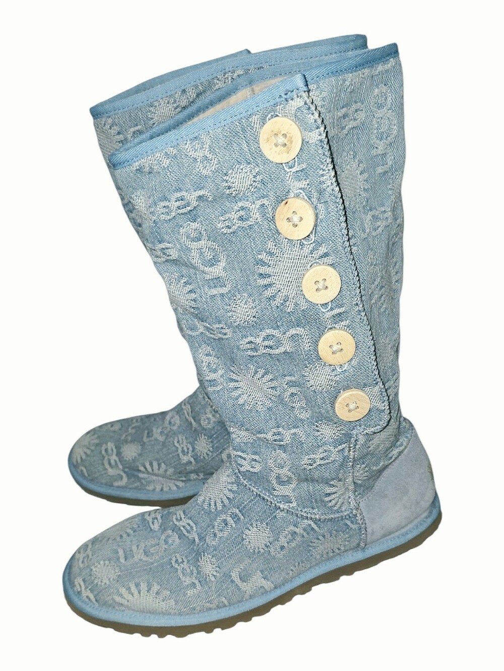 UGG RARE Blue Denim Jacquard Sun Logo Tall Wooden Button Boots Sz 9 Y2K